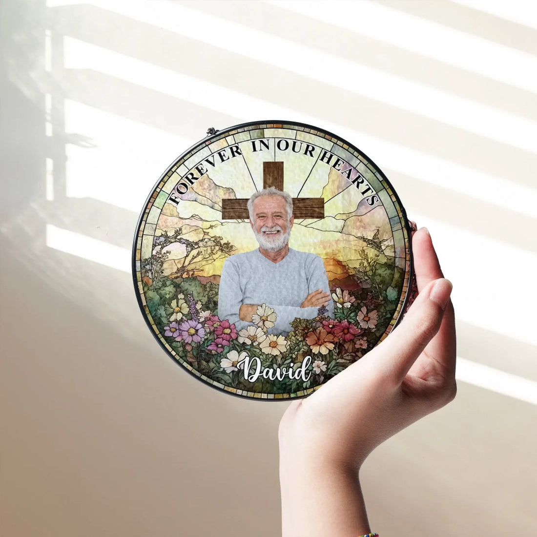 Wildflowers Cross Forever In Our Hearts Personalized Window Stained Glass Memorial Gift