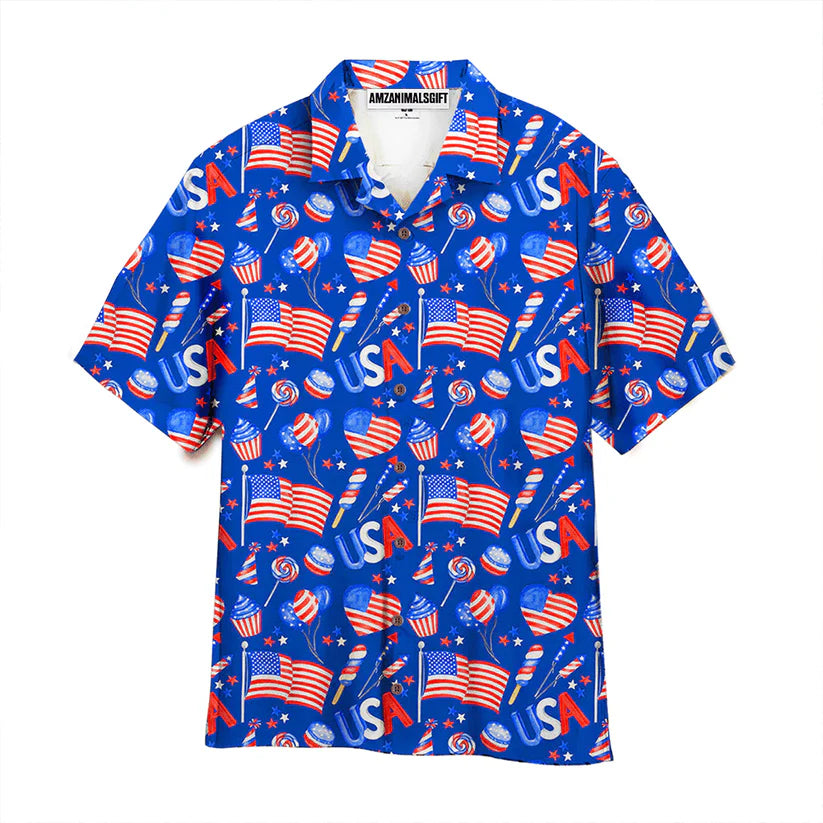 Fourth Of July Patriotic American Flags Blue Aloha Hawaiian Shirts For Men Women, 4th July Gift For Summer, Friend, Family, Independence Day