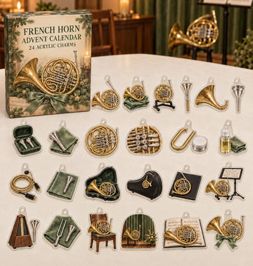 French Horn advent calendar with 24 custom-shaped flat acrylic charms and printed dimensional artwork 2026 - 24-Day Countdown, Acrylic Charms