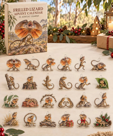 Frilled Lizard advent calendar with 24 custom-shaped flat acrylic charms and printed dimensional artwork 2026 - 24-Day Countdown, Acrylic Charms