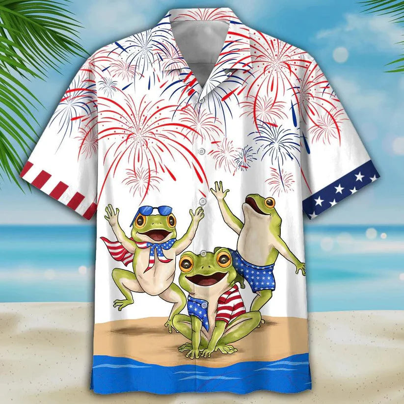 Frog Aloha Hawaiian Shirts For Summer, Happy Independence Day USA Flag Frogs Aloha Hawaiian Shirt For Men Women, Gift For Fourth Of July