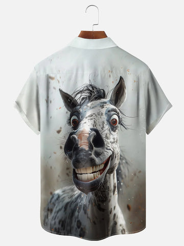 Fun Avant-garde Horse Art Exaggerated Painting Chest Pocket Hawaiian Shirt