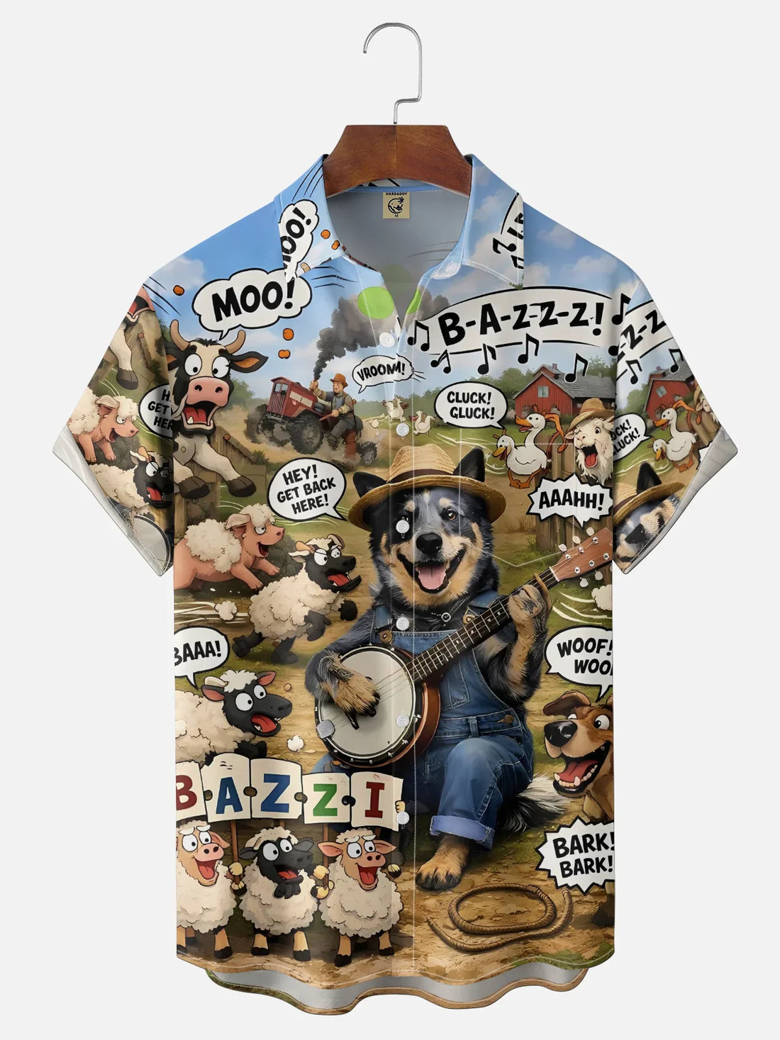 Fun Farm Animal Dog Sheep Cow Pig Chest Pocket Holiday Hawaiian Shirt