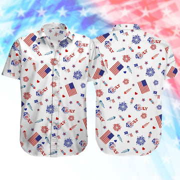 Funny 4th of July Button Shirt, Patriotic USA Flag Hawaiian Shirt, God Bless America Summer Shirt, Firework USA Shirt, Red White Blue T