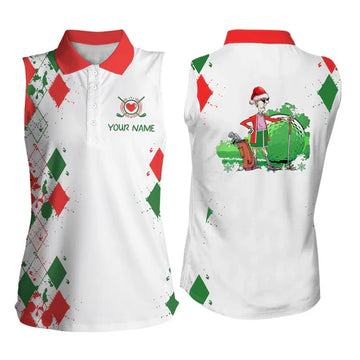 Funny Christmas Argyle Pattern White Womens Sleeveless Polo Shirts Custom Golf Gifts For Grandma, Women Golf Shirts