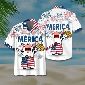 Funny Cow And Beer Aloha Hawaiian Shirts For Summer, USA Independence Day Cow Hawaiian Shirt For Men Women, Patriotic Gift For Cow Lovers, 4th July