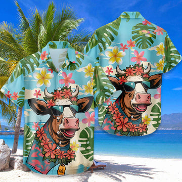 Funny Cow Hawaiian Shirt – Cool Cow Sunglasses Tropical Floral Aloha Button Down