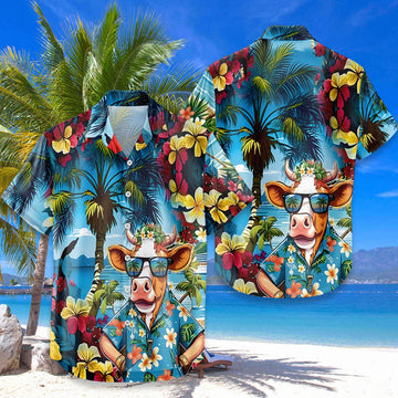 Funny Cow Hawaiian Shirt – Cool Cow Wearing Aloha Shirt Tropical Beach