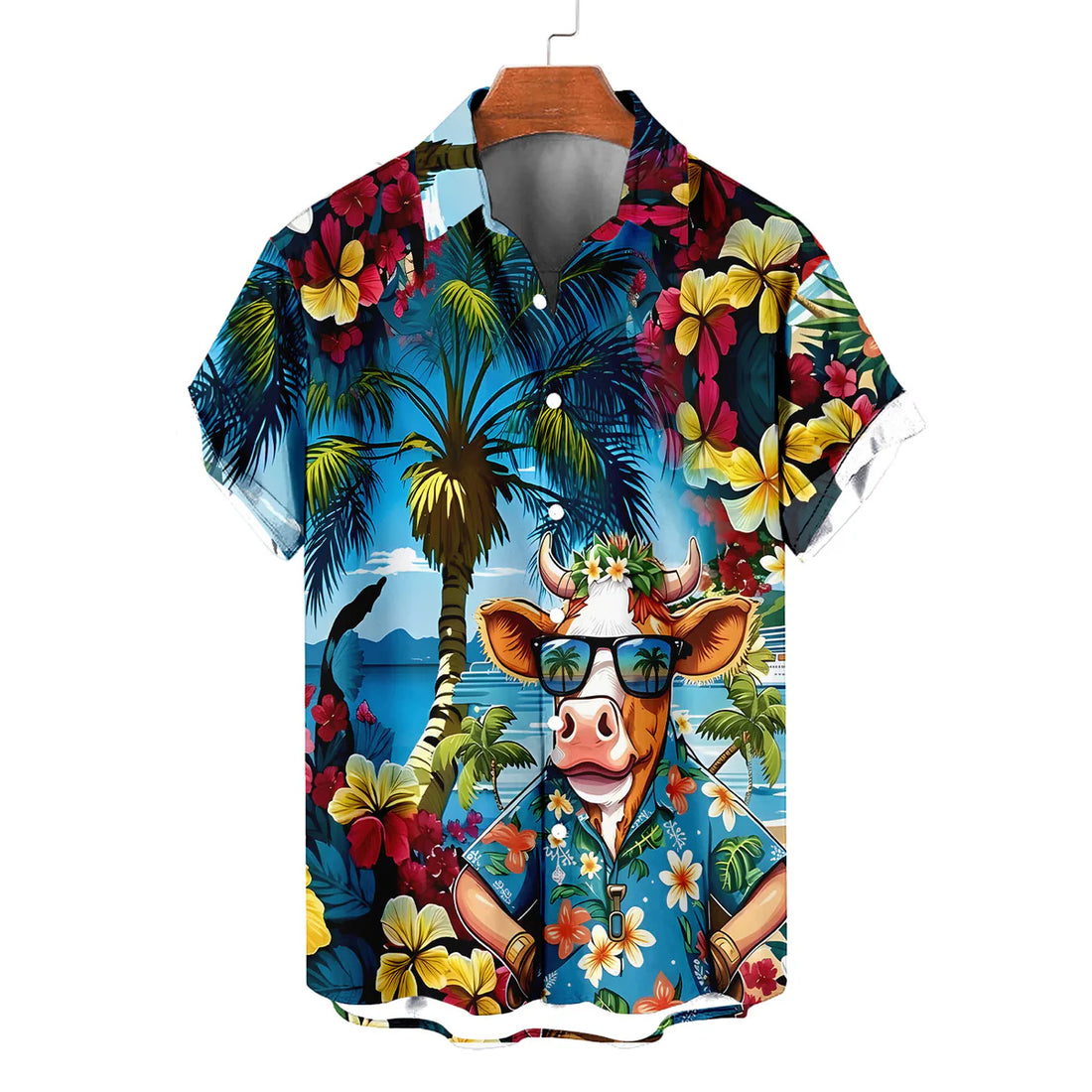 Funny Cow Hawaiian Shirt – Cool Cow Wearing Aloha Shirt Tropical Beach