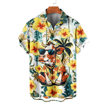 Funny Cow Hawaiian Shirt – Cool Cow Wearing Sunglasses Tropical Hibiscus Aloha