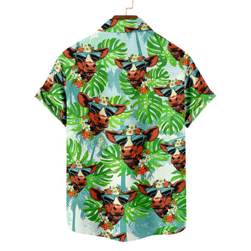 Funny Cow Hawaiian Shirt – Smiling Cow Sunglasses Monstera Tropical Aloha