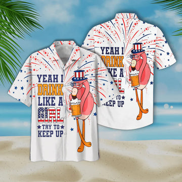 Funny Flamingo Aloha Hawaiian Shirts For Summer, Flamingo Drinking Beer Independence Day 4th Of July Flag Aloha Hawaiian Shirt For Men Women
