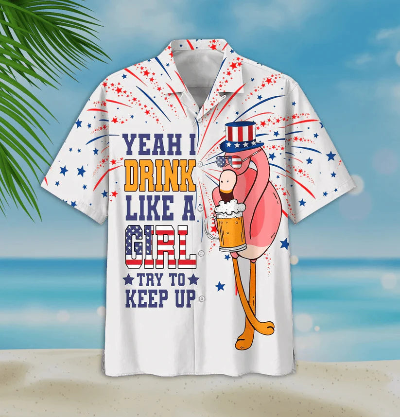 Funny Flamingo Aloha Hawaiian Shirts For Summer, Flamingo Drinking Beer Independence Day 4th Of July Flag Aloha Hawaiian Shirt For Men Women
