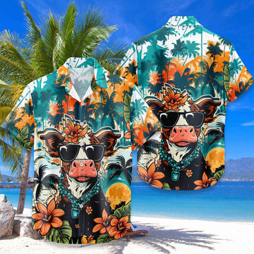 Funny Highland Cow Hawaiian Shirt – Cool Cow Sunglasses Retro Tropical Aloha