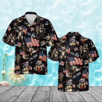 Funny Patriotic Raccoon Hawaiian Shirt, 1776 2026 USA Party Shirt, America 250 Aloha Button Up, 4th of July Gift-3