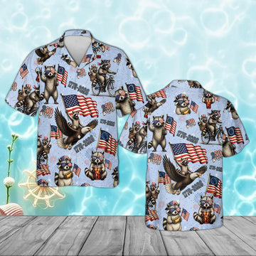 Funny Patriotic Raccoon Hawaiian Shirt, 1776 2026 USA Party Shirt, America 250 Aloha Button Up, 4th of July Gift