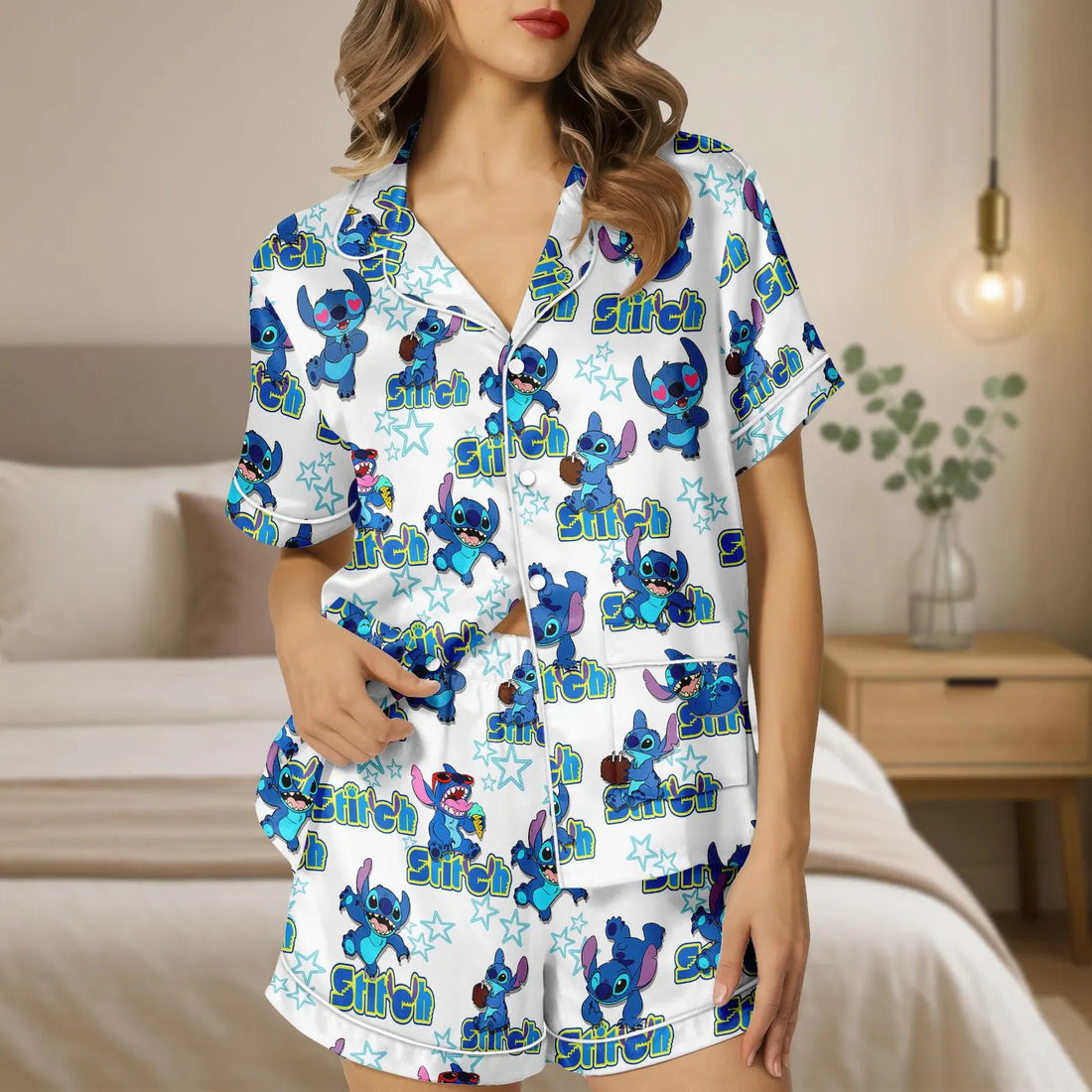 Funny Stitch Satin Pajamas, Lilo And Stitch Pajamas Set, Disney Silk Pajamas, Cartoon Sleepwear