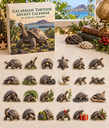 Galapagos Tortoise advent calendar with 24 custom-shaped flat acrylic charms and printed dimensional artwork 2026 - 24-Day Countdown, Acrylic Charms