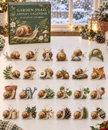 Garden Snail advent calendar with 24 custom-shaped flat acrylic charms and printed dimensional artwork 2026 - 24-Day Countdown, Acrylic Charms