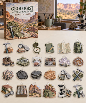 Geologist advent calendar with 24 custom-shaped flat acrylic charms and printed dimensional artwork 2026 - 24-Day Countdown, Acrylic Charms