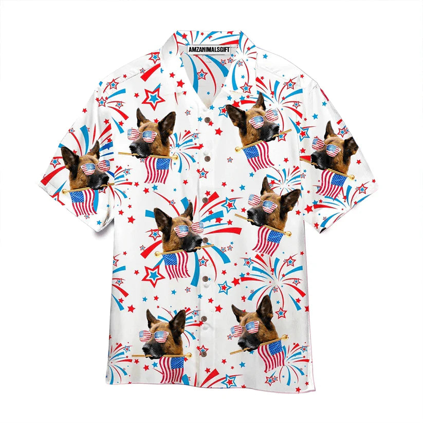 German Shepherd Dogs Happy America Flag White Aloha Hawaiian Shirts For Men Women, 4th Of July Gift For Summer, Friend, Dog Lovers, Independence Day