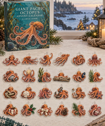 Giant Pacific Octopus advent calendar with 24 custom-shaped flat acrylic charms and printed dimensional artwork 2026 - 24-Day Countdown, Acrylic Charms