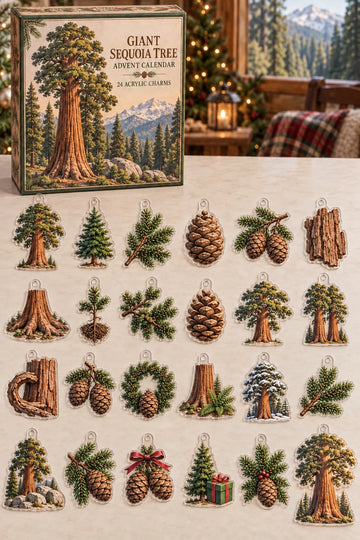 Giant Sequoia Tree advent calendar with 24 custom-shaped flat acrylic charms and printed dimensional artwork 2026 - 24-Day Countdown, Acrylic Charms