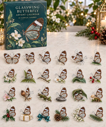 Glasswing Butterfly advent calendar with 24 custom-shaped flat acrylic charms and printed dimensional artwork 2026 - 24-Day Countdown, Acrylic Charms