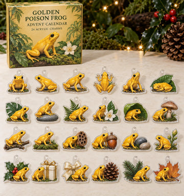 Golden Poison Frog advent calendar with 24 custom-shaped flat acrylic charms and printed dimensional artwork 2026 - 24-Day Countdown, Acrylic Charms