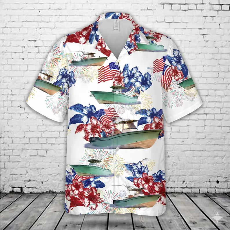 Grady-White Canyon Boat Hawaiian Shirt, 4th of July Center Console Patriotic Shirt, America 1776-2026 250th Anniversary Gift