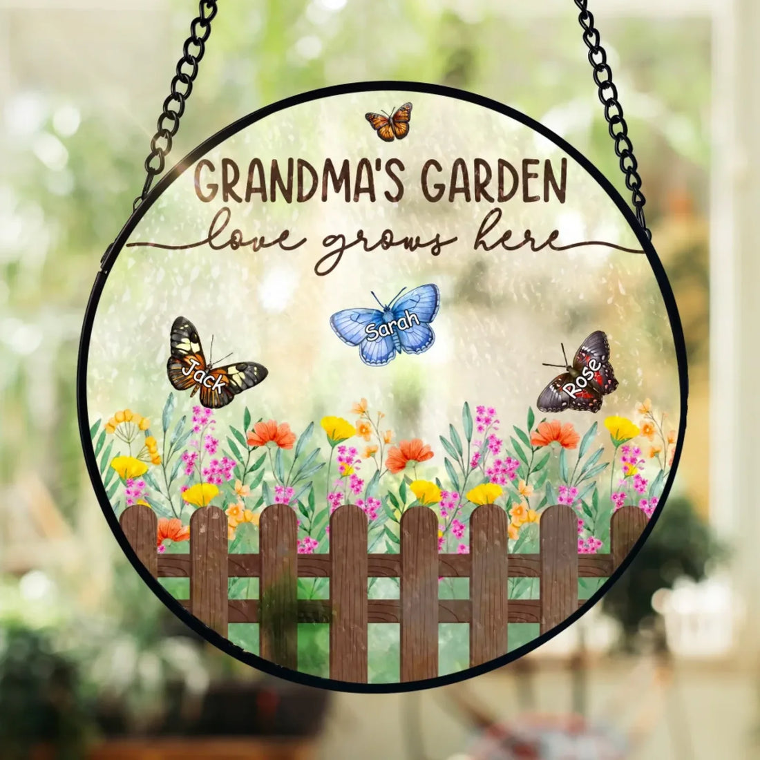 Grandmas Garden Butterflies Personalized Window Stained Glass Suncatcher Hanging