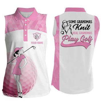 Grandmas Play Golf Womens Sleeveless Polo Shirts, White And Pink Golf Shirt For Her, Funny Golf Gifts, Women Golf Shirts