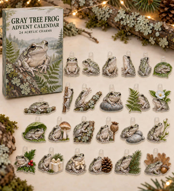 Gray Tree Frog advent calendar with 24 custom-shaped flat acrylic charms and printed dimensional artwork 2026 - 24-Day Countdown, Acrylic Charms