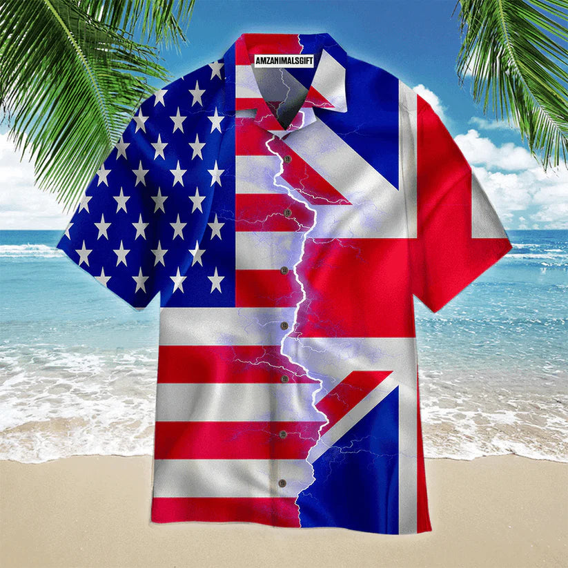 Great Britain Flag American Flag On Thunder Zipper Aloha Hawaiian Shirts For Men Women, 4th Of July Gift For Summer, Friend, Family, Independence Day