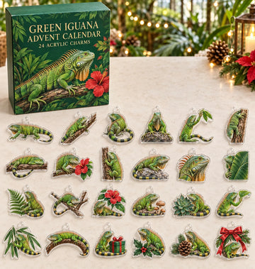 Green Iguana advent calendar with 24 custom-shaped flat acrylic charms and printed dimensional artwork 2026 - 24-Day Countdown, Acrylic Charms