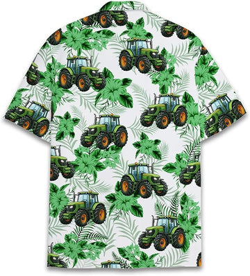 Green Tractor Hawaiian Shirt – Cartoon Farm Tractor Tropical Leaves Aloha Button Down
