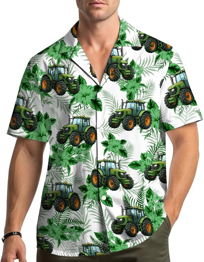 Green Tractor Hawaiian Shirt – Cartoon Farm Tractor Tropical Leaves Aloha Button Down