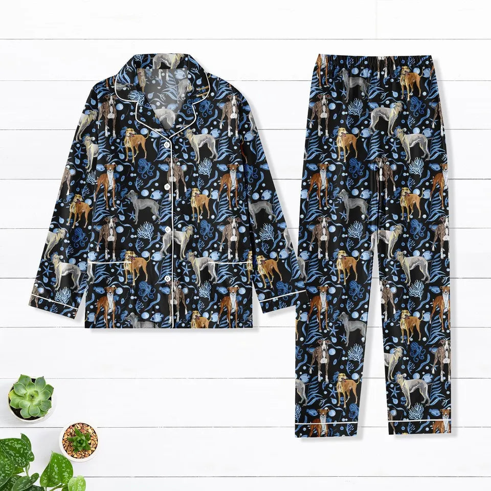 Greyhound Pajamas Set, Dog Women Pajamas, Animal Lover Gift, Dog Mom Thick Pajamas