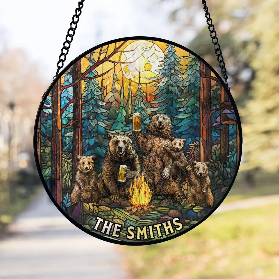 Grizzly Bear Camping Personalized Window Stained Glass Camping Gift For Nature Lovers
