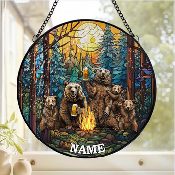 Grizzly Bear Camping Personalized Window Stained Glass Camping Gift For Nature Lovers