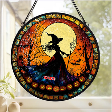 Halloween Witch With Moon Personalized Window Stained Glass Witchy Window Hanging Decor Spooky Halloween Decor For Windows