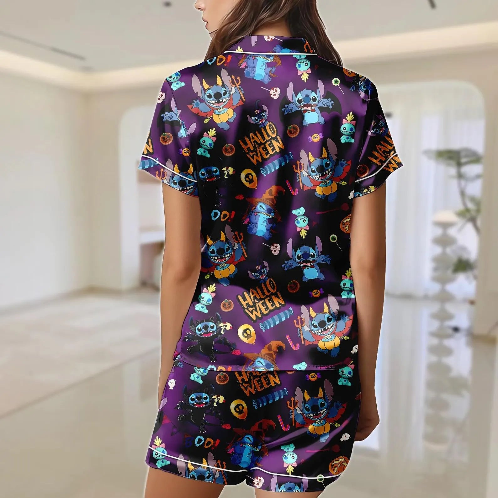Halloween Stitch Satin Pajamas, Disney Stitch Pajamas Short, Halloween Party Women Pajamas, Spooky Season Gift