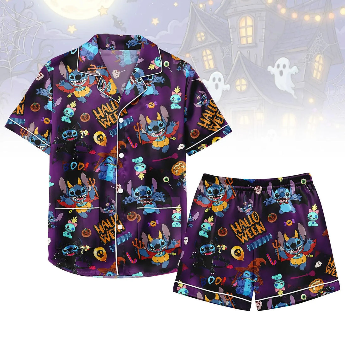 Halloween Stitch Satin Pajamas, Disney Stitch Pajamas Short, Halloween Party Women Pajamas, Spooky Season Gift