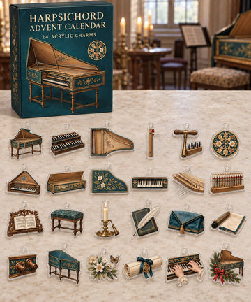 Harpsichord advent calendar with 24 custom-shaped flat acrylic charms and printed dimensional artwork 2026 - 24-Day Countdown, Acrylic Charms
