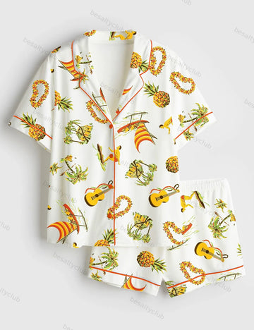 Hawaiiana Travel Beach Short Sleeve Satin Pajama Set