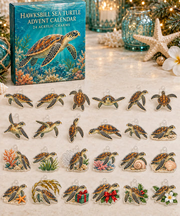 Hawksbill Sea Turtle advent calendar with 24 custom-shaped flat acrylic charms and printed dimensional artwork 2026 - 24-Day Countdown, Acrylic Charms