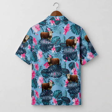 Hereford Cattle Tropical Hawaiian Shirt for Men - Pink Hibiscus Cow Farm Beach Aloha Shirt
