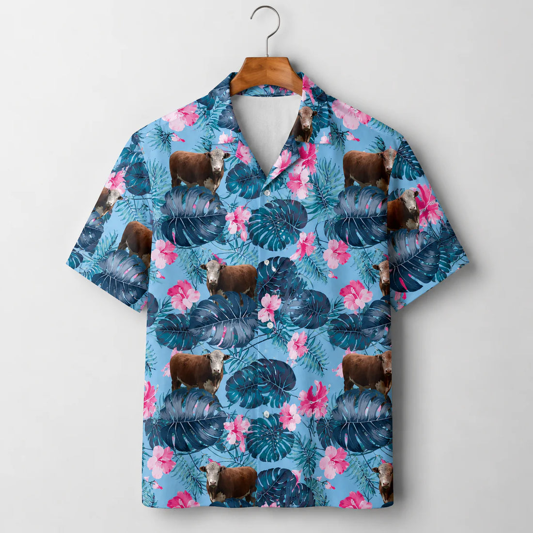 Hereford Cattle Tropical Hawaiian Shirt for Men - Pink Hibiscus Cow Farm Beach Aloha Shirt