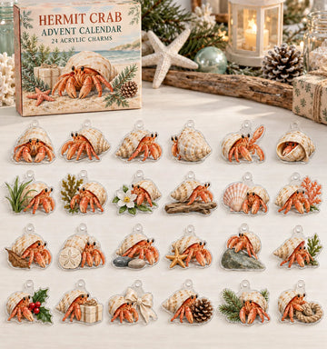 Hermit Crab advent calendar with 24 custom-shaped flat acrylic charms and printed dimensional artwork 2026 - 24-Day Countdown, Acrylic Charms