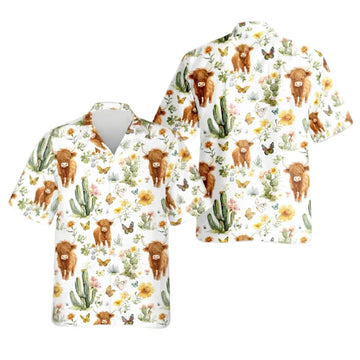 Highland Cattle Cactus Tropical Hawaiian Shirt Men Women, Highland Cow Western Hawaiian Shirts HE0437